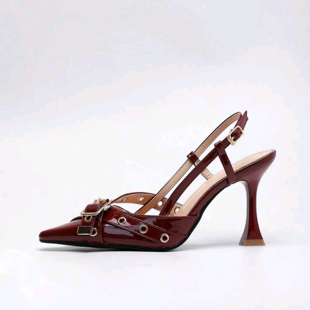 Women's Fashionable Burgundy Patent Leather High Heel Pointed Toe Shoes - Picture 4 of 7